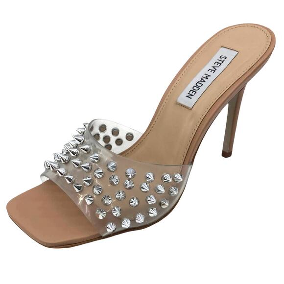 Steve Madden Vinyl Heels Studded Metallic Silver Spikes  Square Toe Sandals 7.5 - Picture 1 of 9